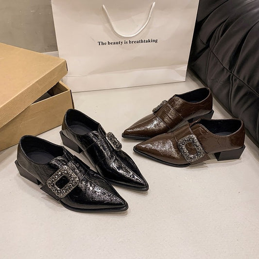 Women's Patent Leather Pointed Toe Block Heel Deep Vamp Pumps, Rhinestone Square Buckle Fashion Shoes